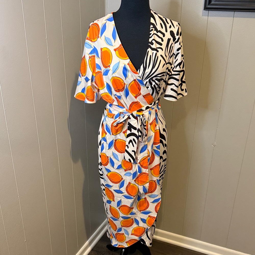 B13 Donna Morgan Women’s 8 Wrap Asymmetrical Dress with Orange, Blue Patterns